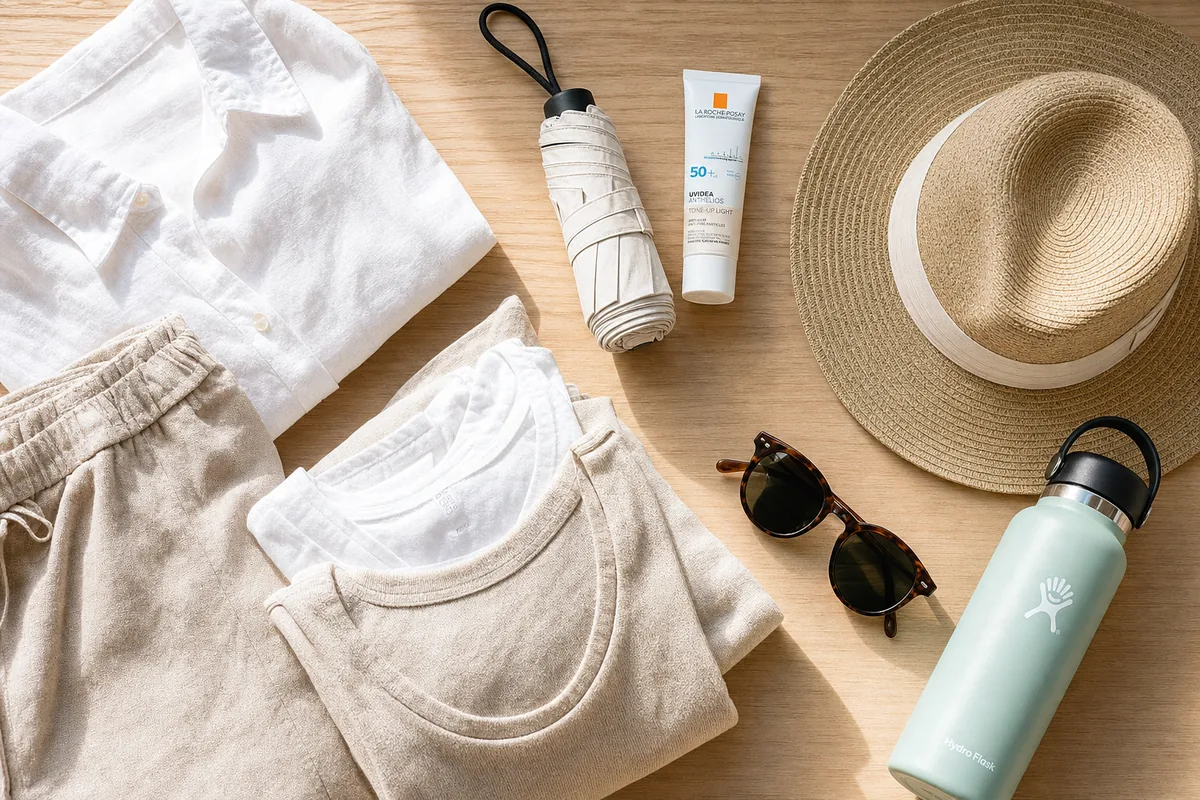 Summer packing essentials for China laid out: light clothing, umbrella, sunscreen, hat and water bottle