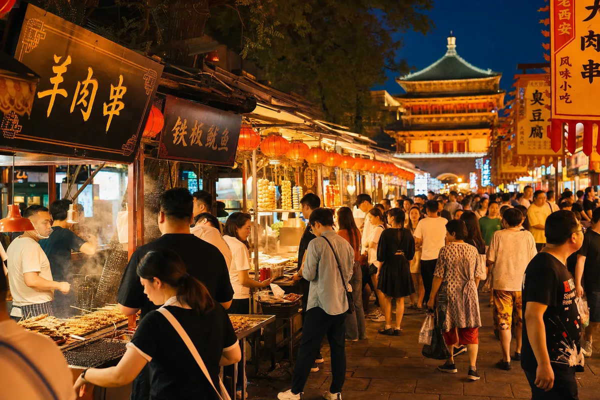 Lively Chinese summer night market with food stalls and lanterns after sunset