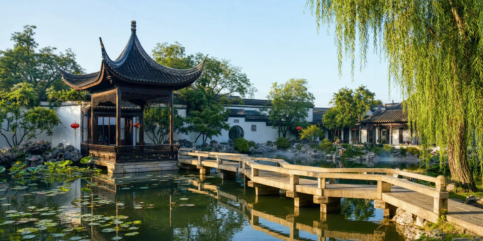 Pavilions and a zigzag bridge over a pond in a classical Suzhou garden with white walls and gray tiled roofs
