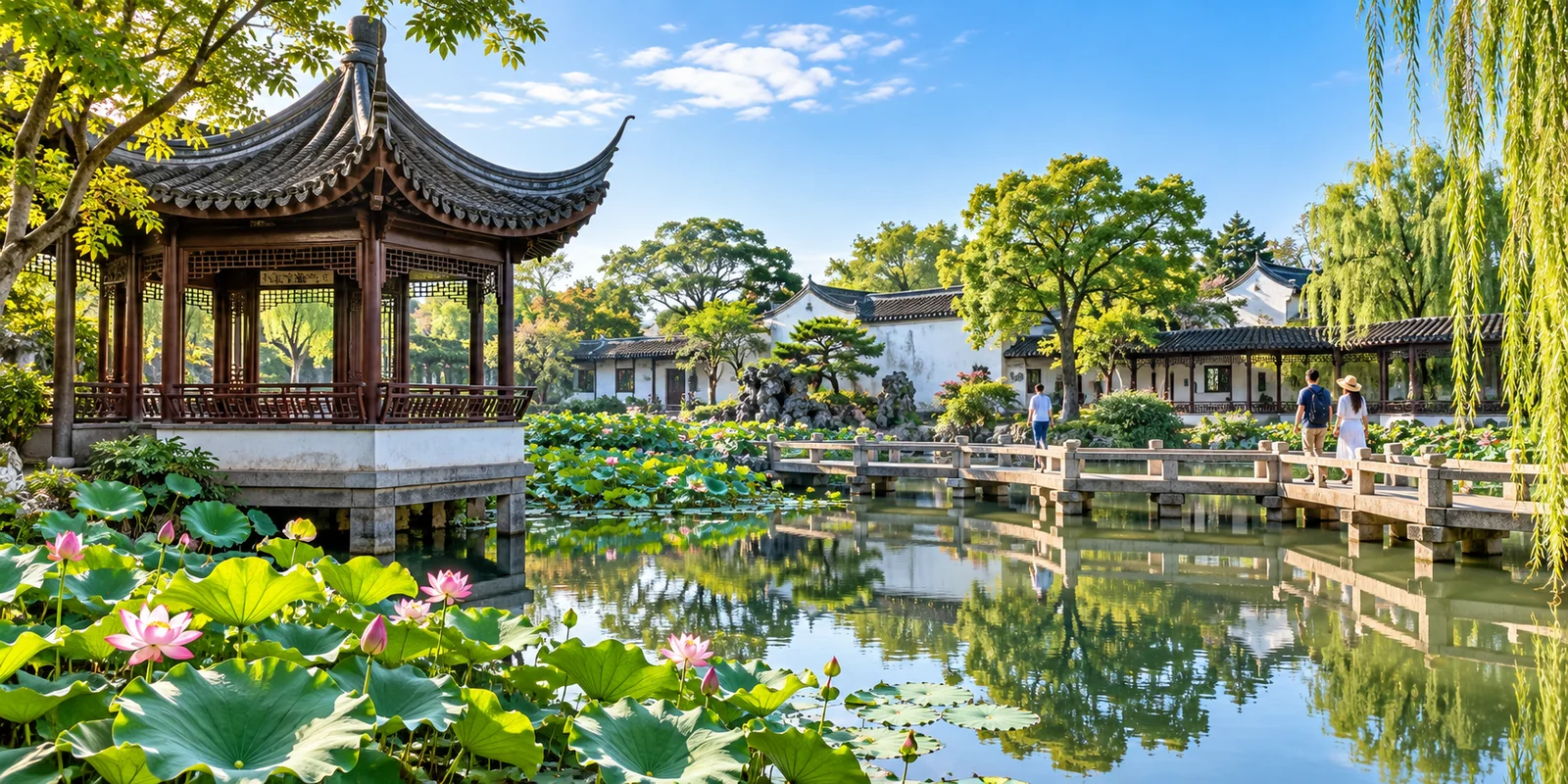 Pavilions and a zigzag bridge over the lotus pond at the Humble Administrator's Garden in Suzhou, early morning