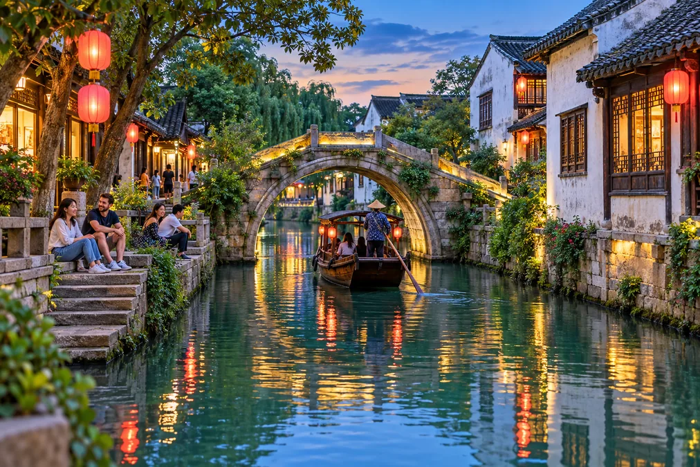 Stone arch bridge and wooden boat on a canal in Tongli water town near Suzhou at dusk