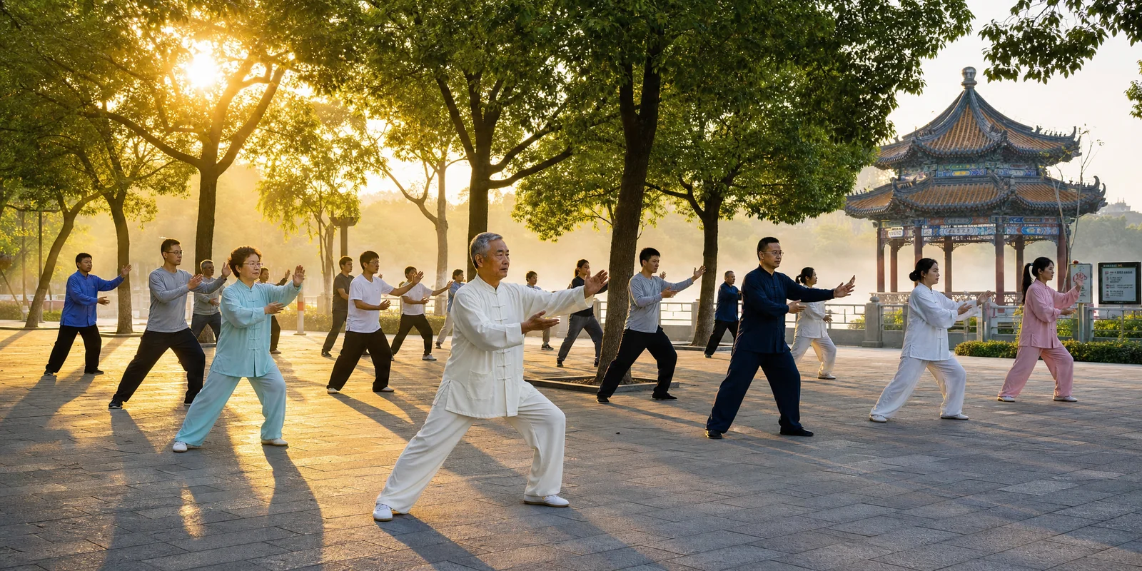 Group practicing tai chi together in a Chinese park at sunrise