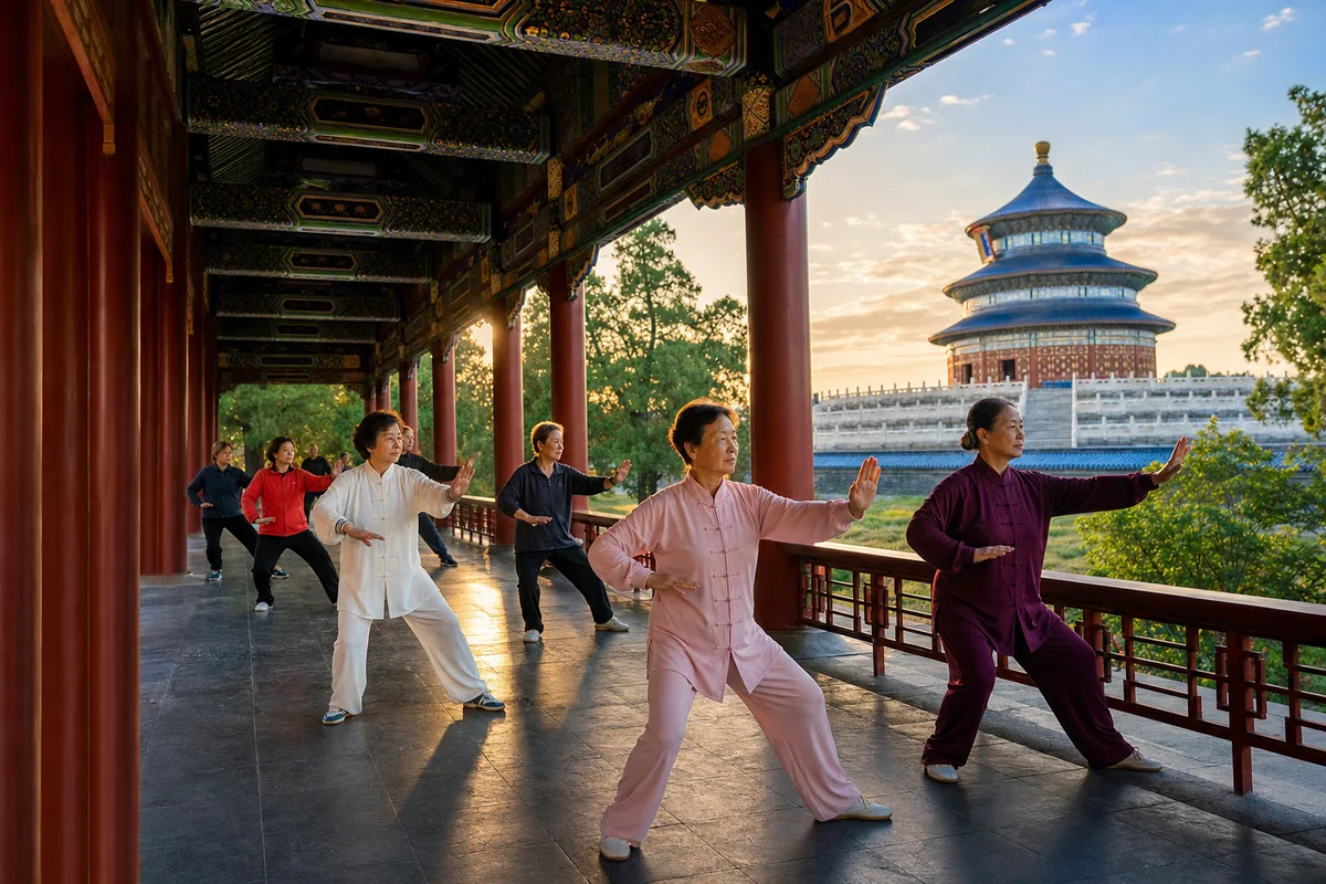 Morning tai chi practice under covered walkways at a Beijing park
