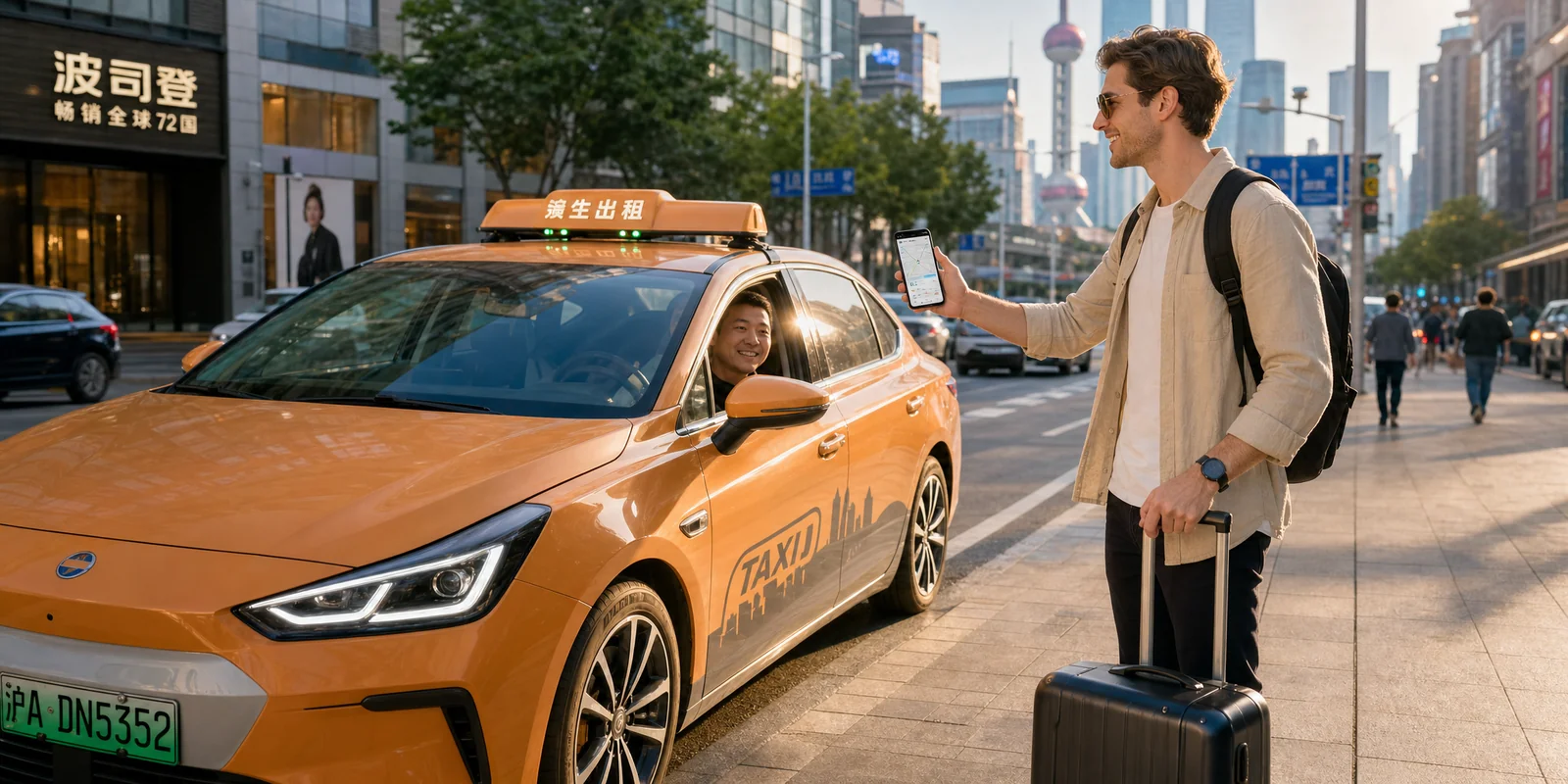 A licensed street taxi and a passenger using a ride-hailing app on a busy Chinese city street
