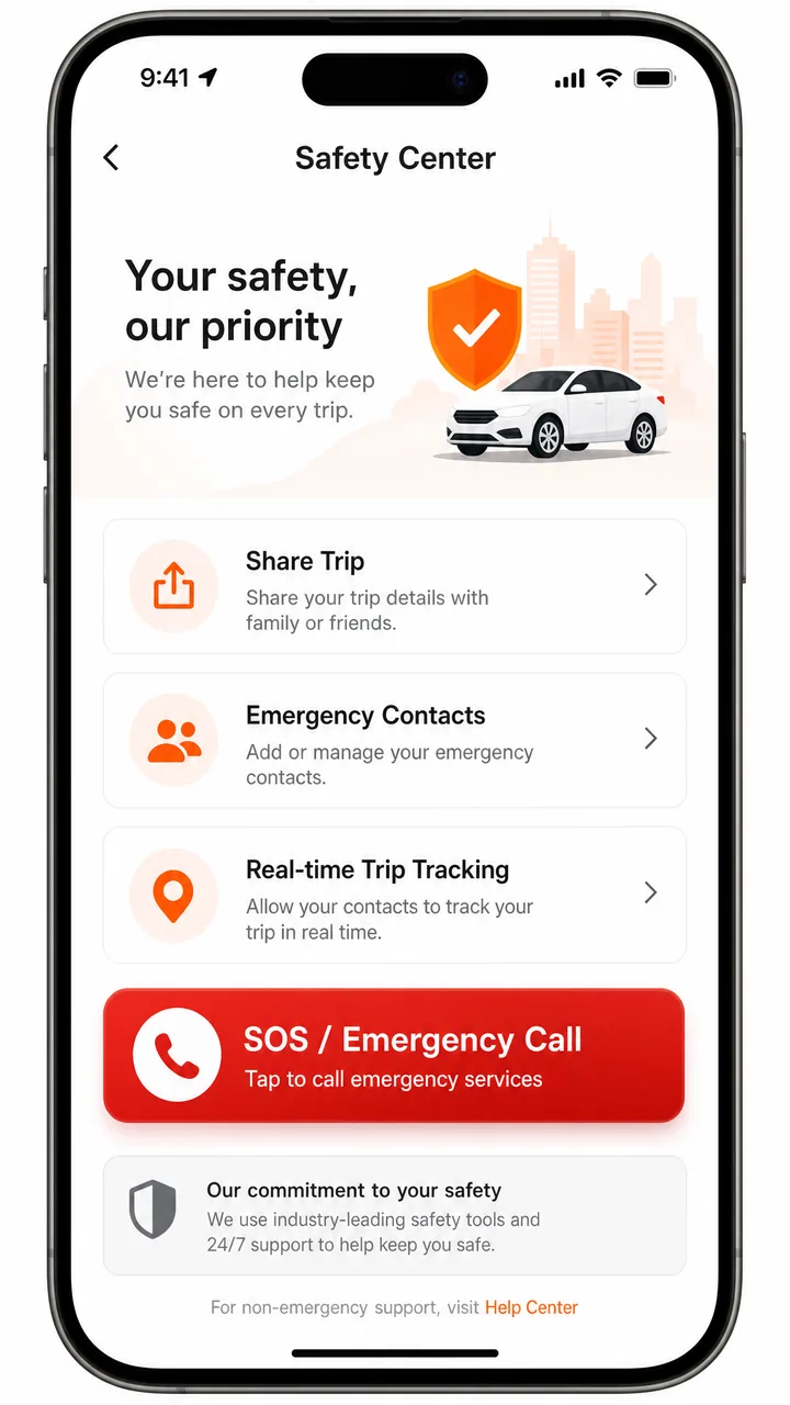 Ride-hailing app safety center screen with trip sharing and SOS button