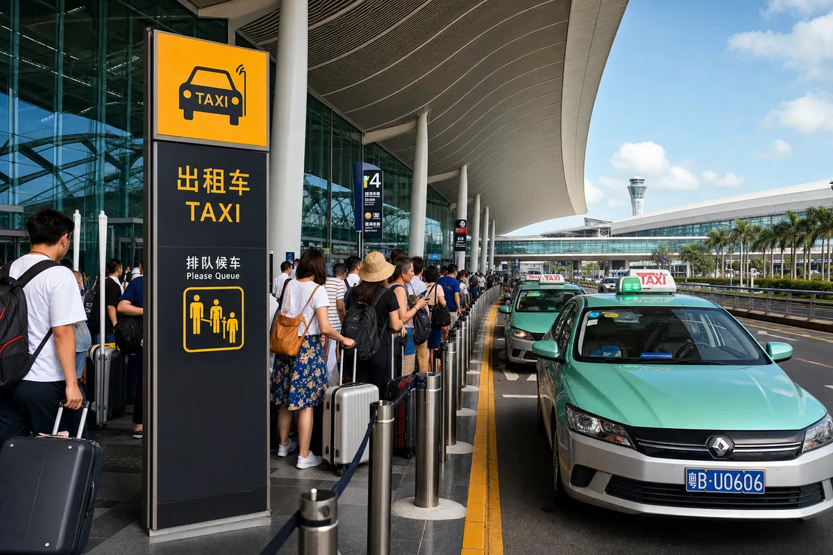Travelers lining up at an official airport taxi rank in China