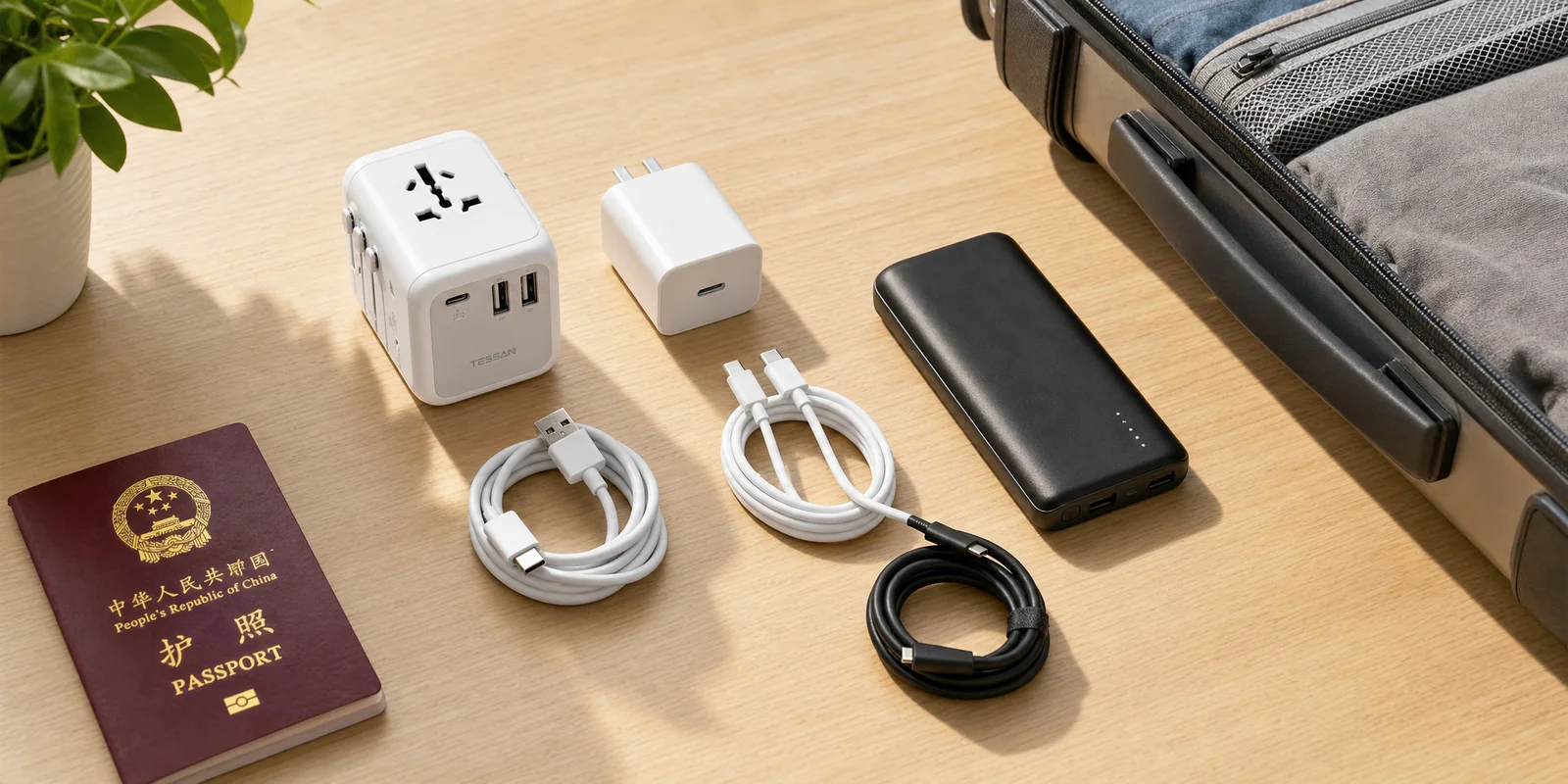 Flat lay of travel tech for a China trip: universal power adapter, USB charger, cables and a power bank