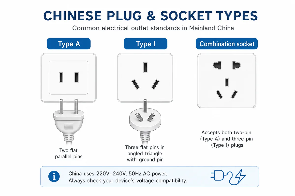 Diagram of China plug and outlet types: Type A two flat pins, Type I three angled pins, and a combination socket