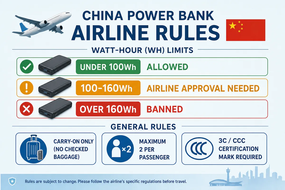 Infographic of China power bank rules: watt-hour limits, carry-on only, max two, 3C certification required
