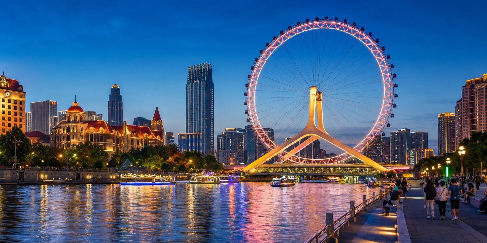 The Tianjin Eye Ferris wheel lit up over the Hai River at dusk with European-style buildings along the bank