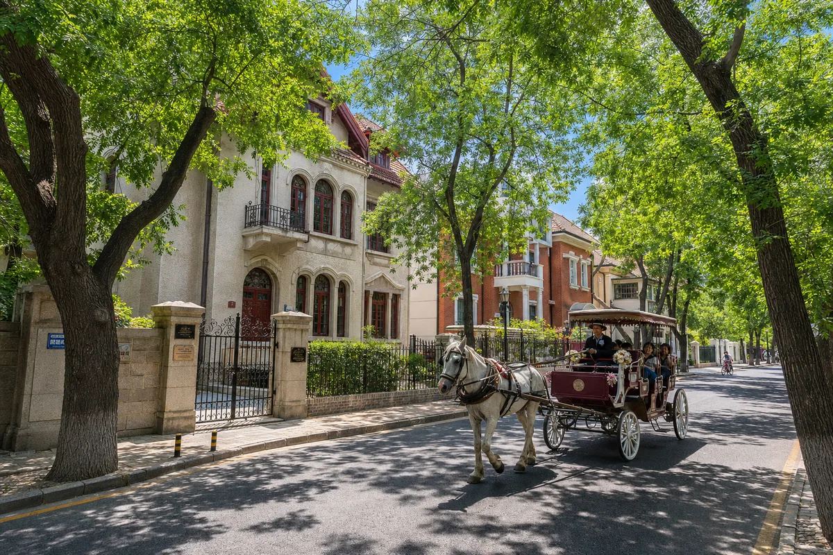 Tree-lined avenue of garden villas in Tianjin's Five Great Avenues district
