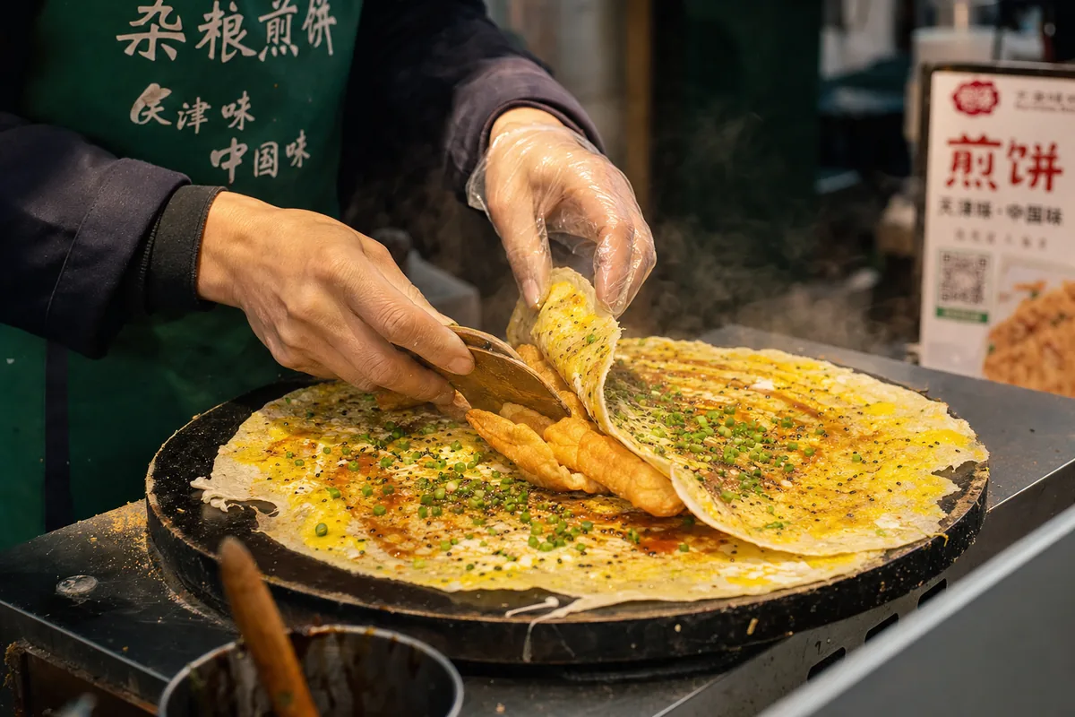 A vendor making Tianjin jianbing, a savory crepe folded around a crispy cracker