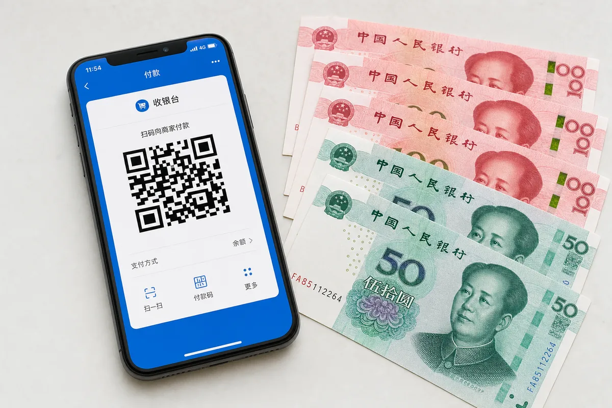 Smartphone showing a payment QR code next to Chinese yuan banknotes, illustrating cashless mobile payment in China