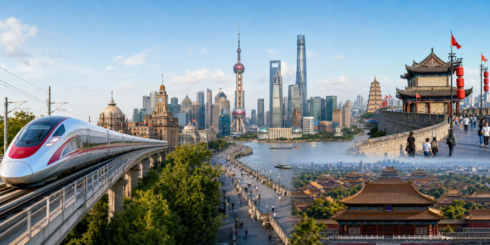 China high-speed Fuxing trains and city skylines representing top train routes across China