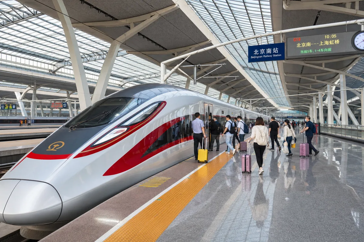 Fuxing high-speed train at a platform on the Beijing to Shanghai route