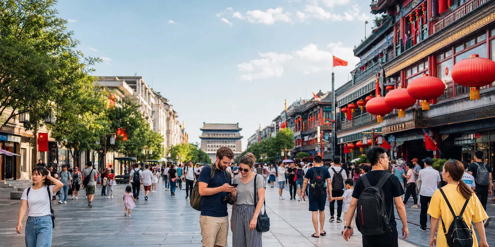 Busy tourist street in China with travelers walking, illustrating awareness of common tourist scams