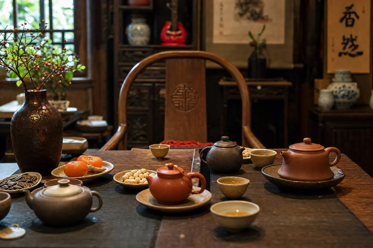 Tea house table set with multiple teapots and cups, typical setting of the China tea house scam