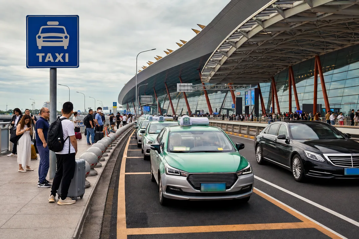 Taxi queue outside a Chinese train station with cars waiting for passengers