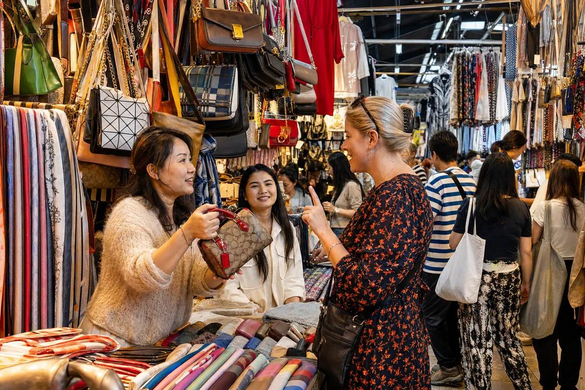 Stalls at a Chinese market selling bags and clothing, where bargaining and inflated prices are common