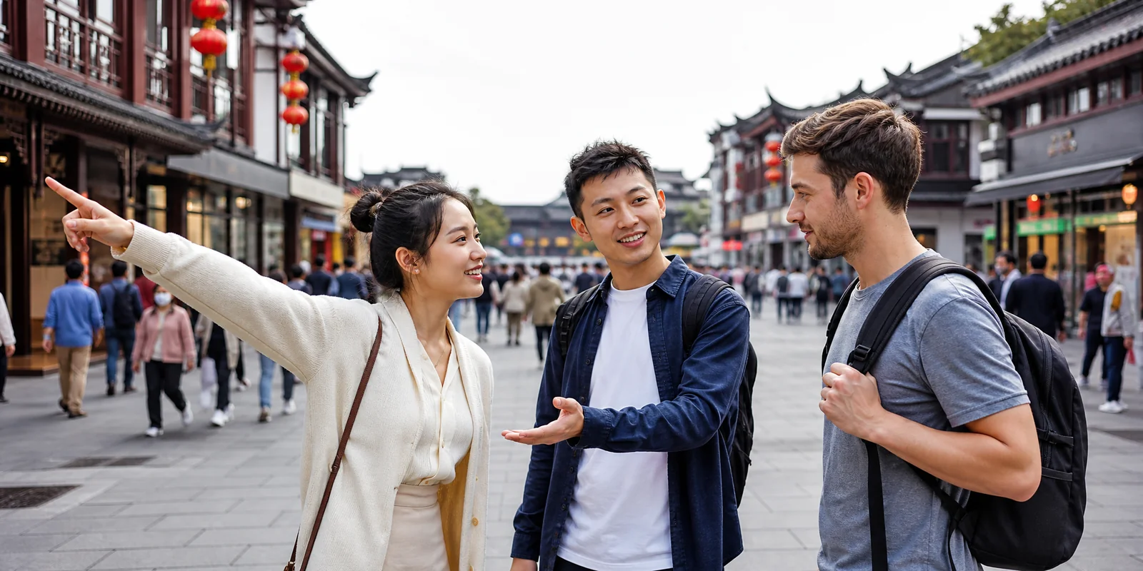 Two friendly young locals chatting with a hesitant foreign tourist on a busy pedestrian street in China