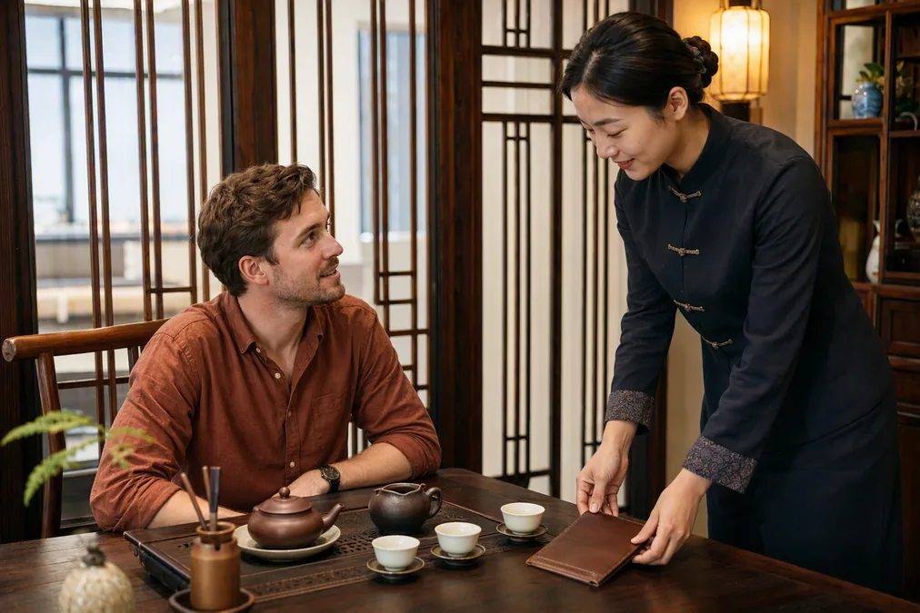 A foreign visitor at a tea house table being handed a bill folder beside an elaborate tea set