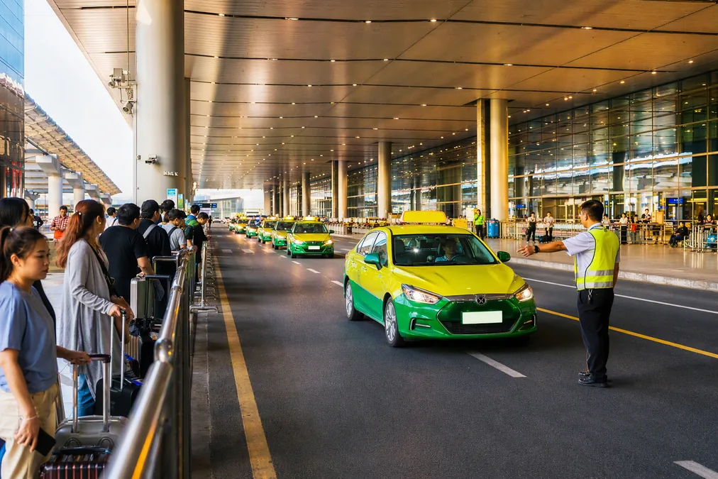 The official taxi rank outside a Chinese airport arrivals hall with taxis lined up and passengers queuing