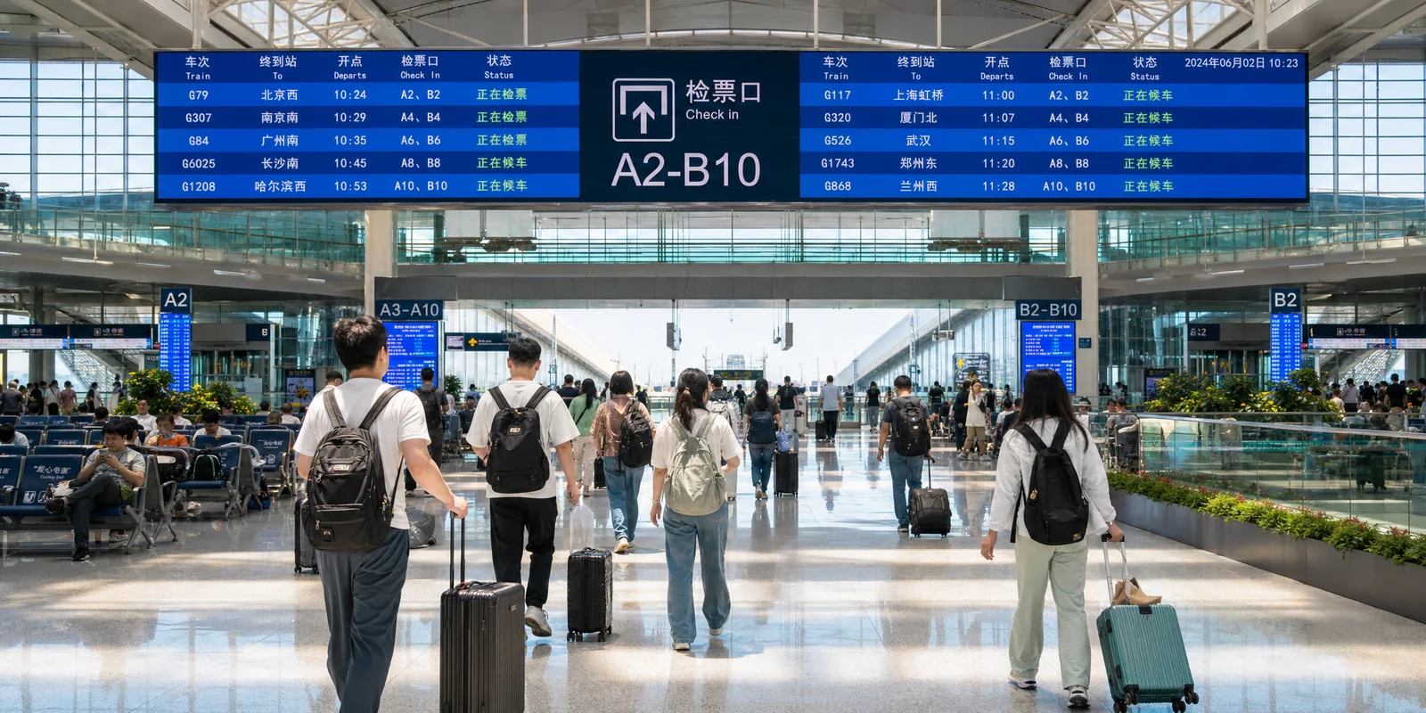 Spacious modern Chinese high-speed train station waiting hall with travelers and bilingual departure boards