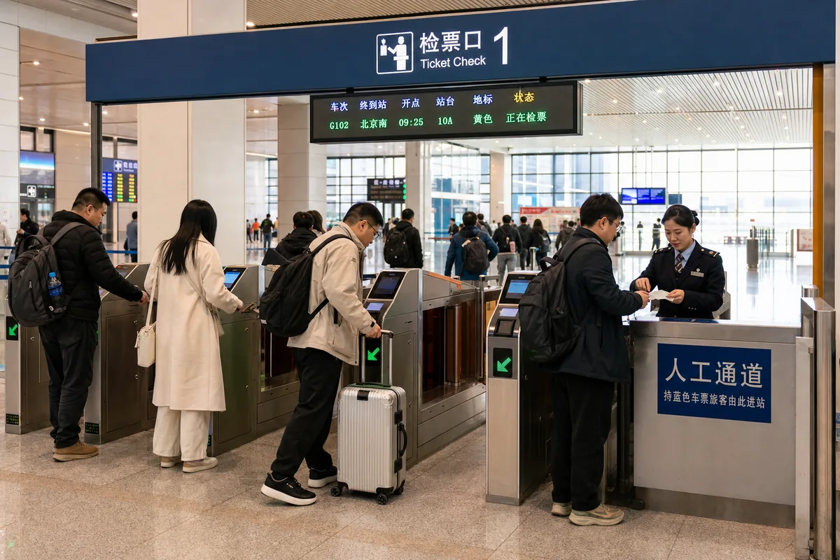 Boarding gates at a Chinese high-speed rail station with automatic turnstiles and a staffed manual lane
