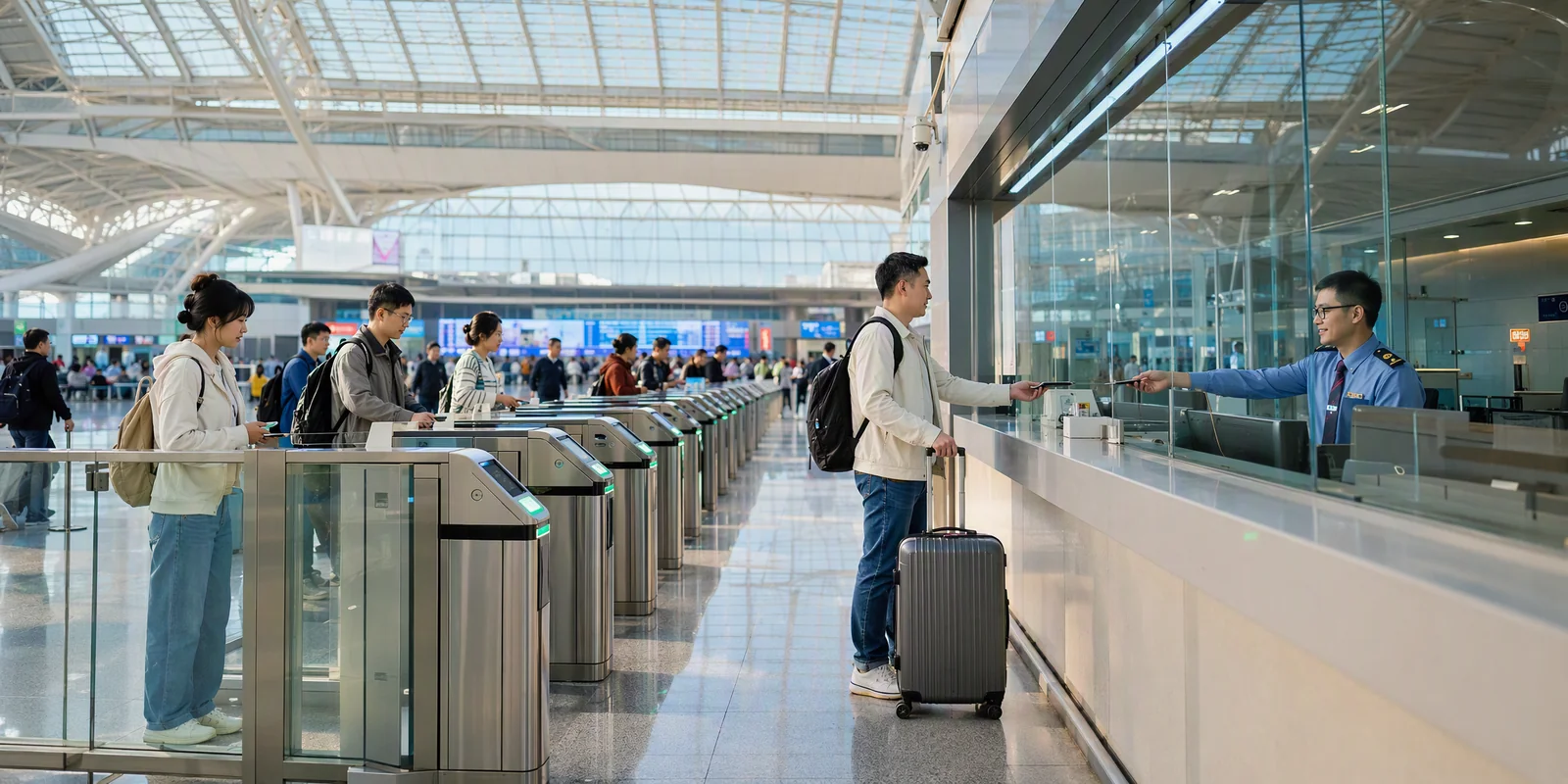 A traveler with a suitcase handing a passport to staff at the manual channel beside the automatic gates of a Chinese high-speed station