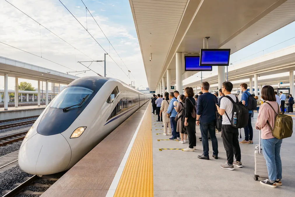 Passengers waiting at coach-number markers on the platform as a white high-speed train arrives at a Chinese station