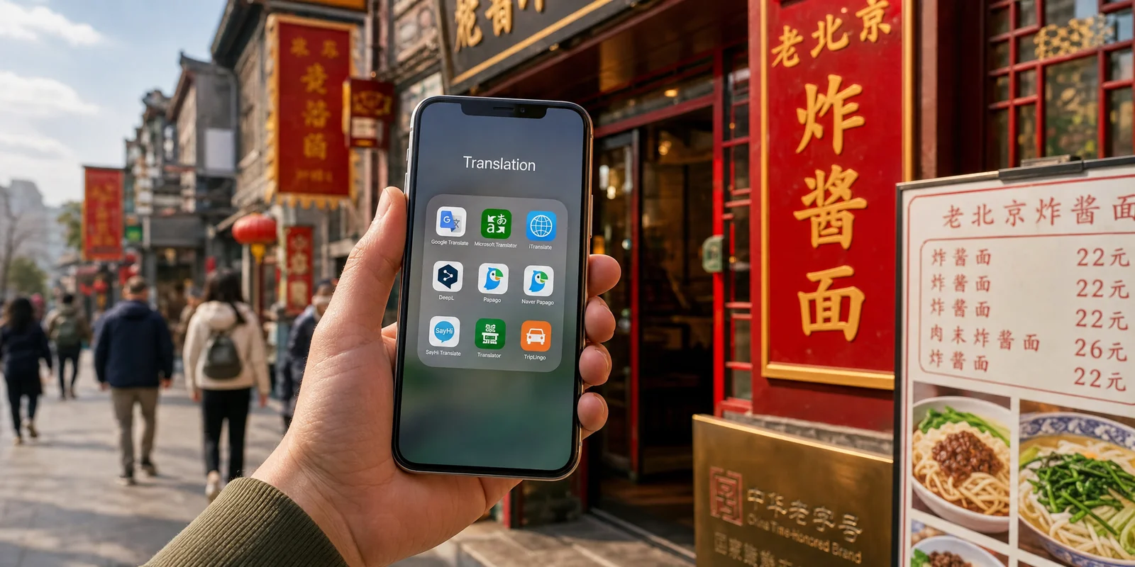 Smartphone showing translation apps in front of Chinese street signs and a menu