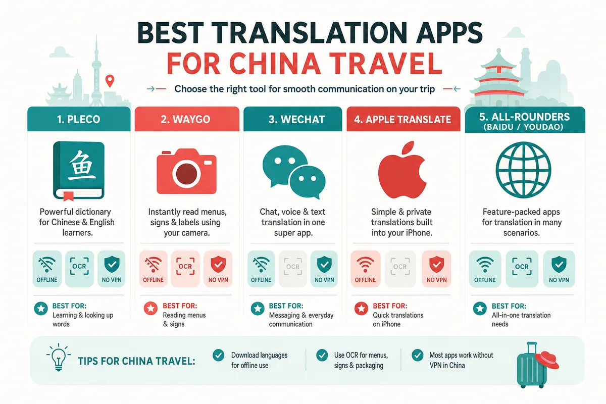 Infographic comparing translation apps for China by use case and offline support