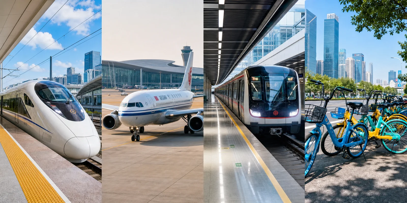Overview of China transportation options: high-speed train, airplane, metro and shared bikes