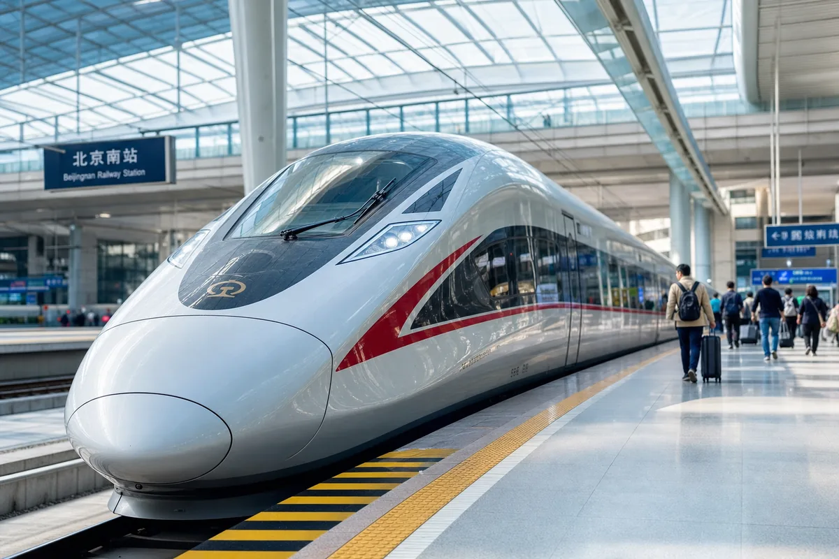 A white high-speed Fuxing train at a modern Chinese railway station platform