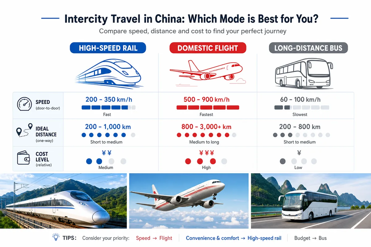 Infographic comparing China high-speed rail, flights and buses by distance and use case
