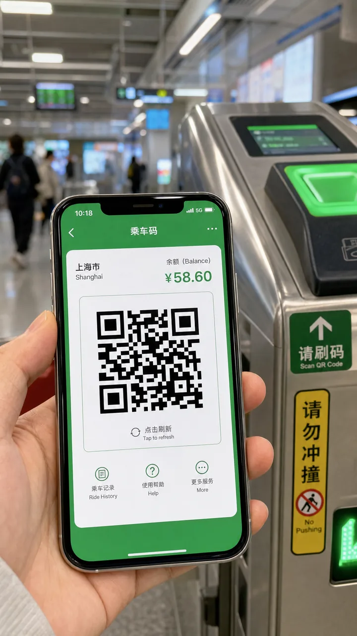 Smartphone showing a metro ride QR code scanned at a station gate in China