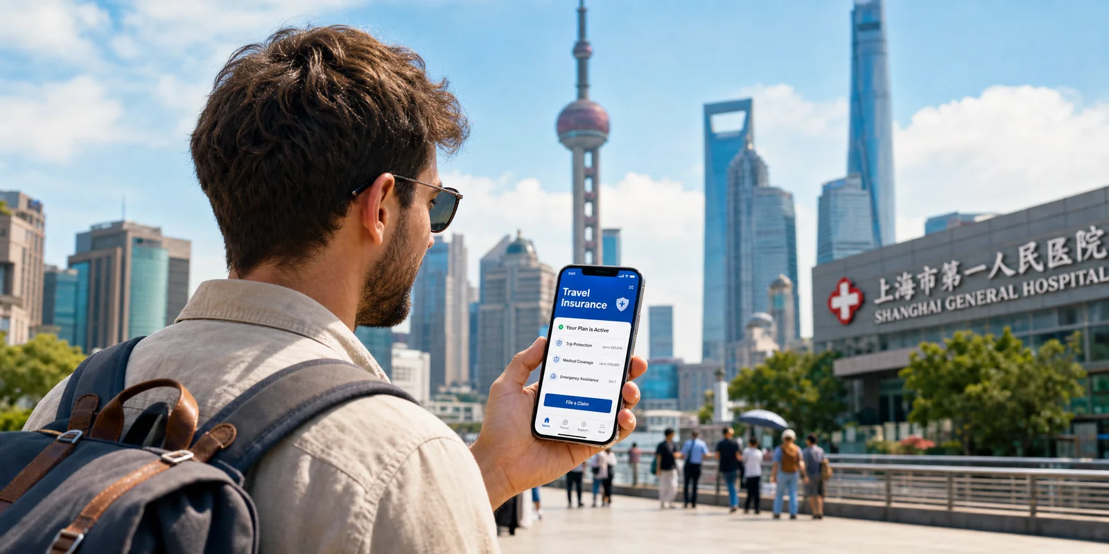 Traveler checking travel insurance for China trip on phone with a Chinese city skyline behind