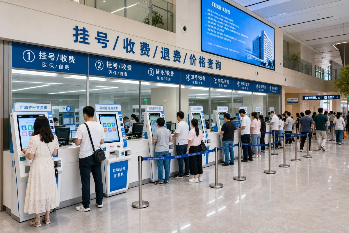 Payment and registration counter at a large Chinese public hospital showing the prepayment system