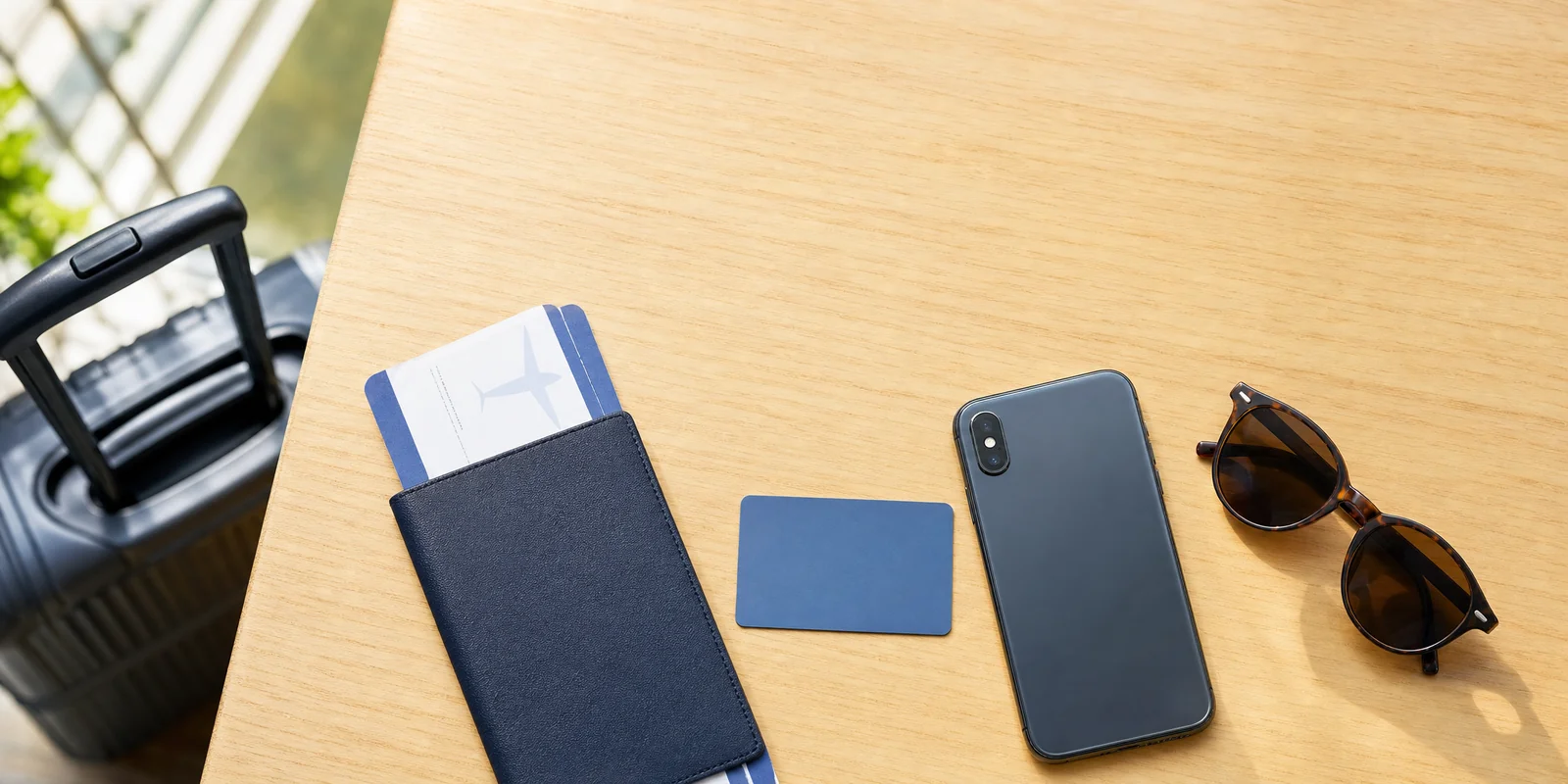 A passport, boarding pass, insurance card and phone laid out on a table with a suitcase in the background