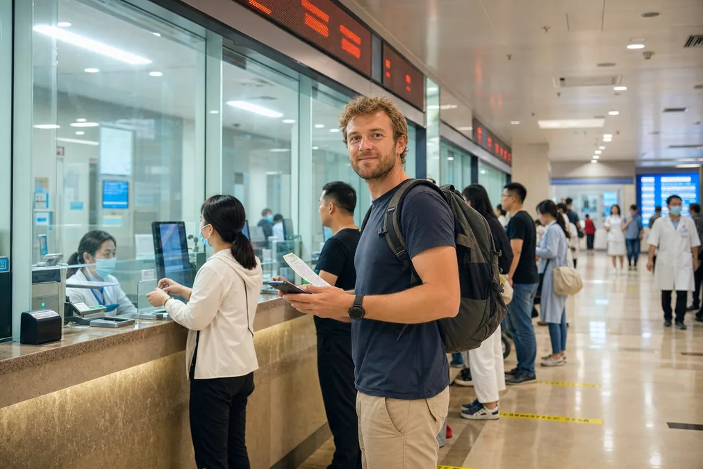 Short queues at the cashier windows of a Chinese public hospital, with a foreign traveler holding a payment slip