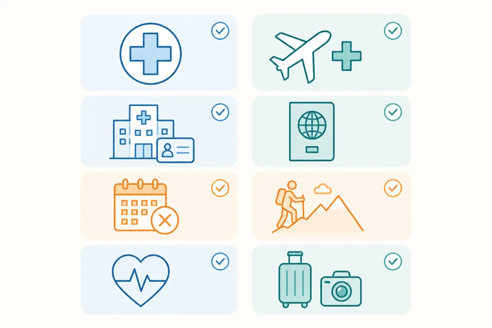 An infographic of eight travel insurance coverage items shown as simple icons in two columns
