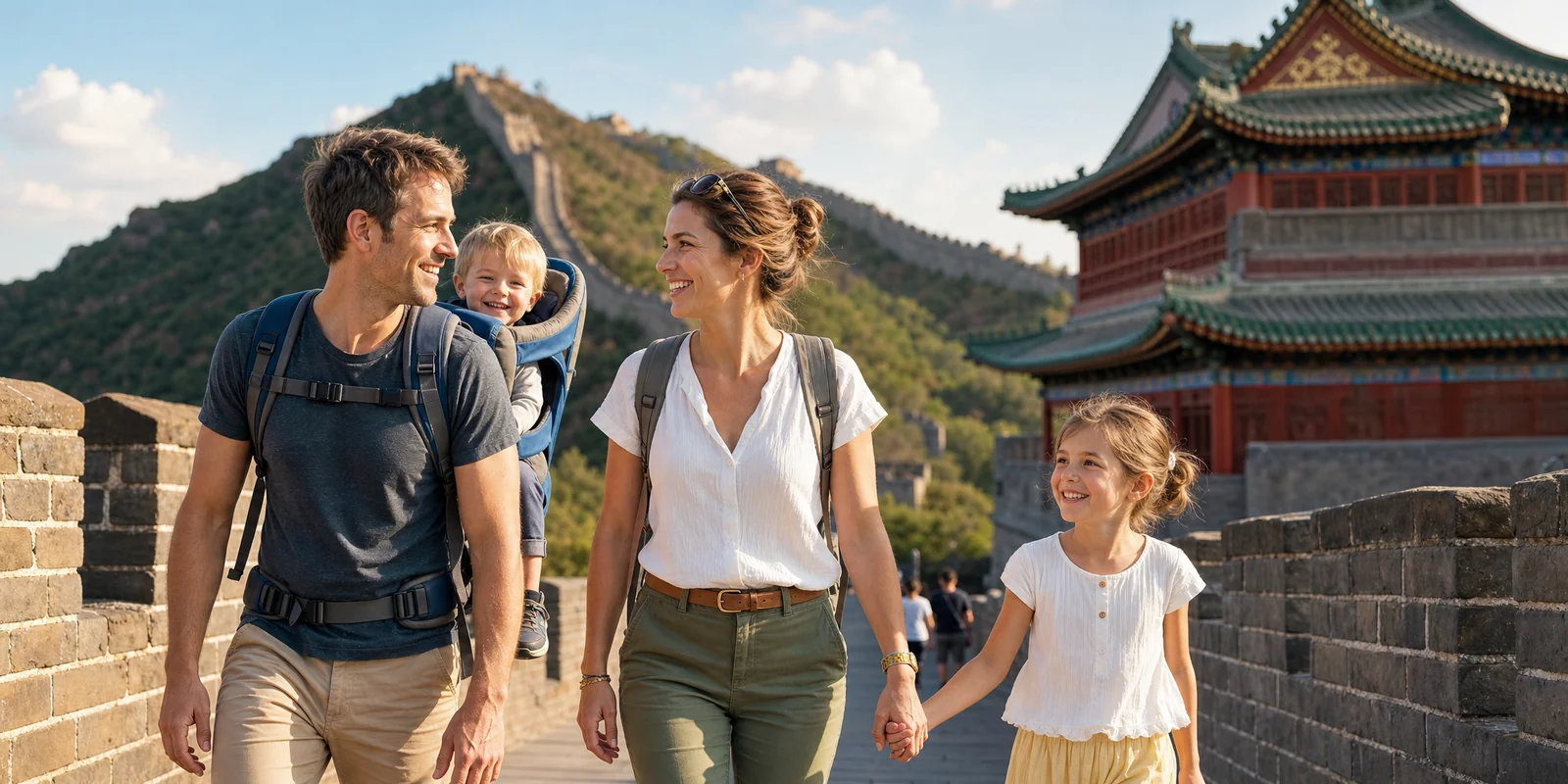 Foreign family with two young children walking together at a Chinese attraction on a family vacation