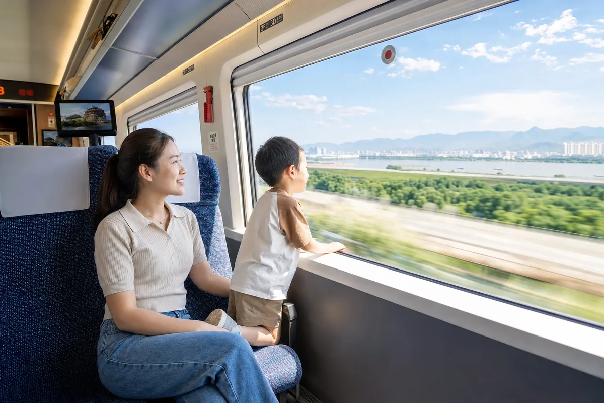 Child looking out the window of a spacious high-speed train carriage in China with a parent beside
