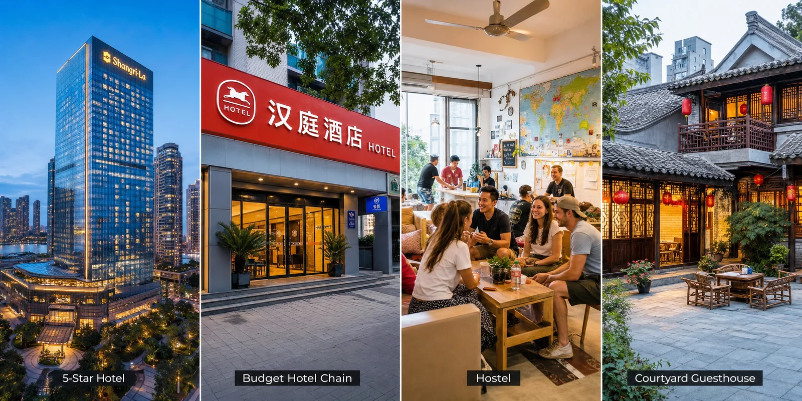 A composite of accommodation types in China: a modern high-rise hotel, a budget hotel chain entrance, a hostel common room, and a traditional courtyard guesthouse