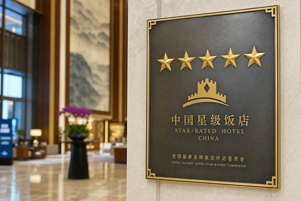 A gilded five-star rating plaque displayed in a Chinese hotel lobby