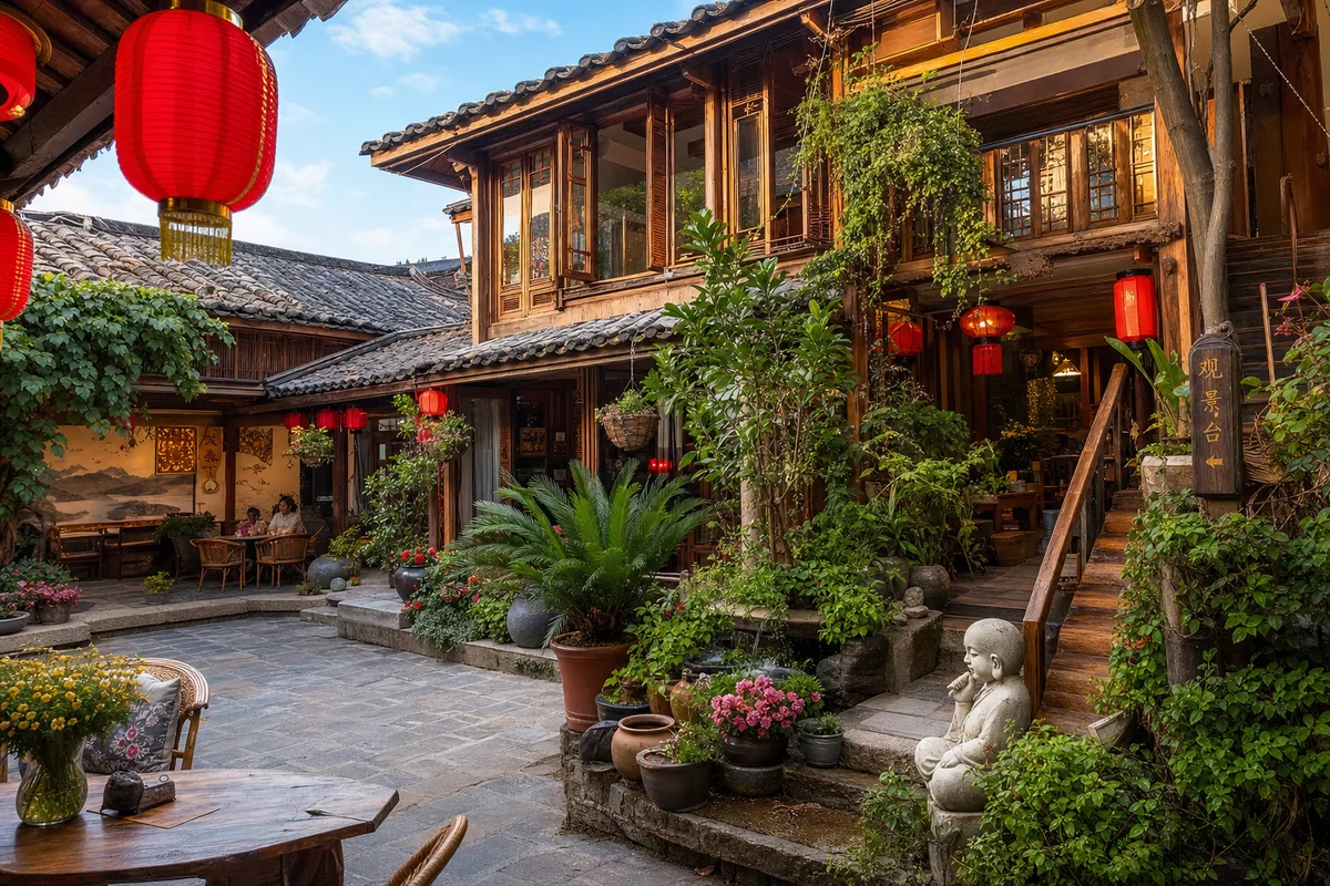 A traditional courtyard guesthouse (minsu) in a scenic Chinese town with wooden architecture and lanterns