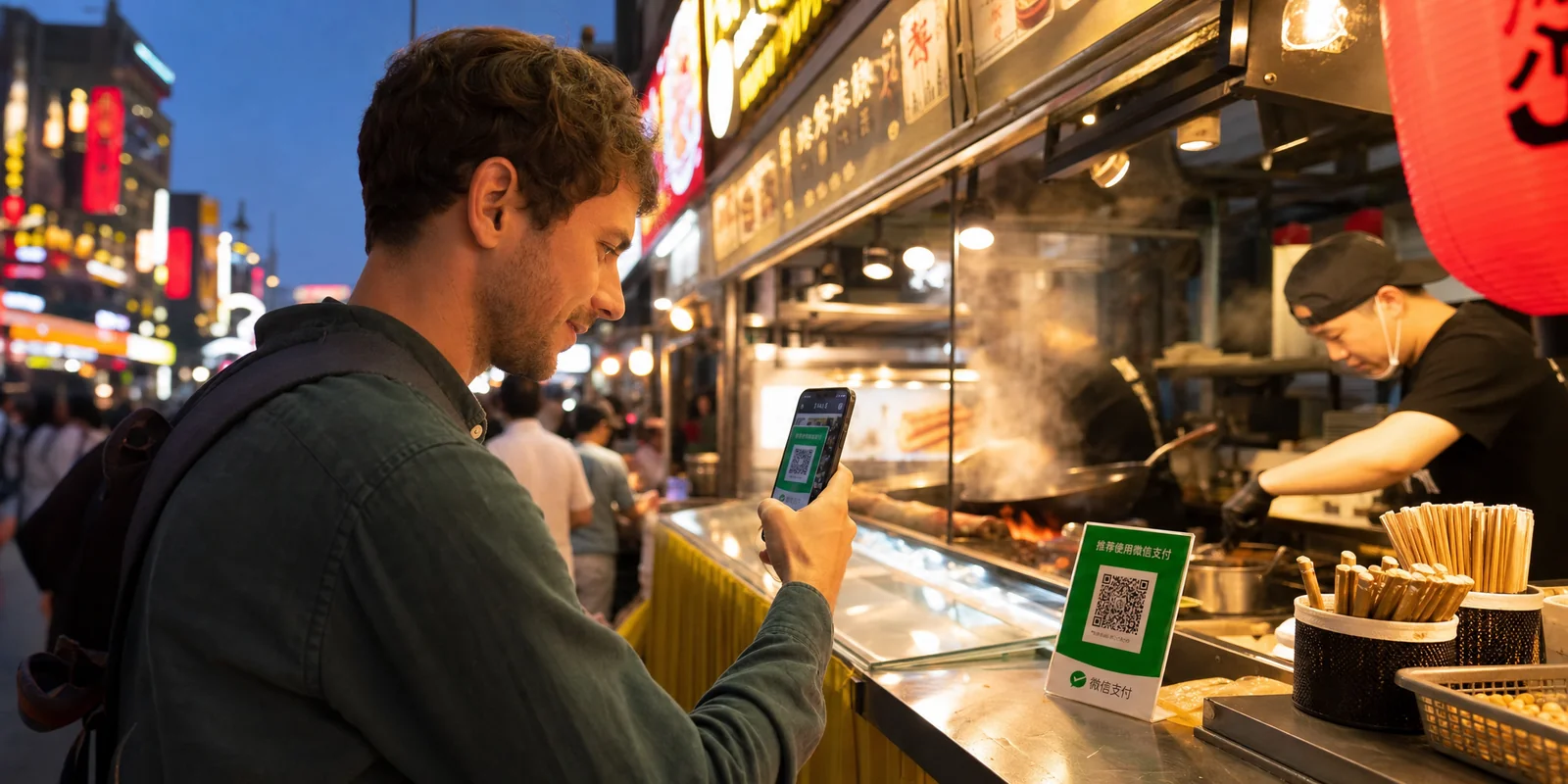 Tourist scanning a QR code with a phone to pay at a Chinese street food stall, showing mobile payment in China