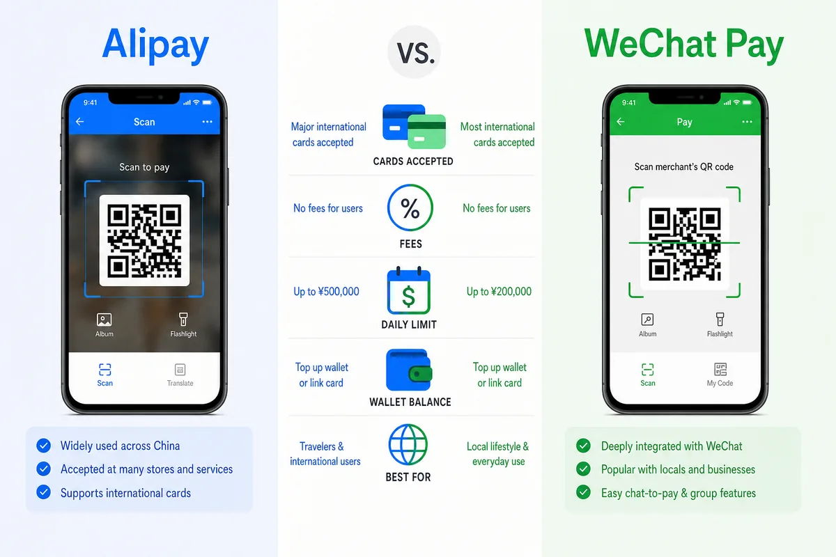 Side-by-side comparison of Alipay and WeChat Pay mobile payment apps for foreign visitors