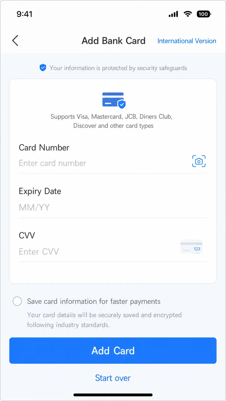 Phone screen showing the add bank card setup process in a Chinese payment app