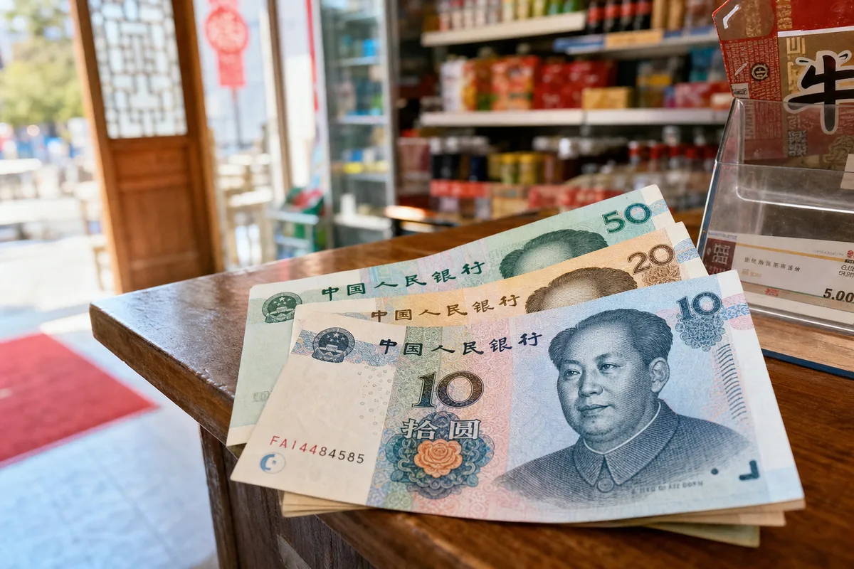 Chinese RMB banknotes fanned out, showing cash is legal tender in China